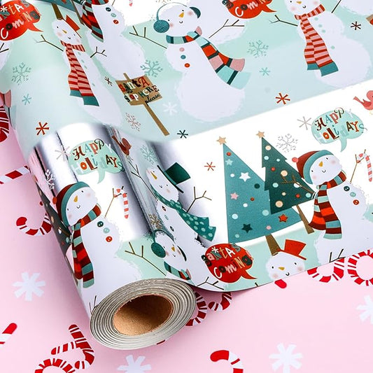 MAYPLUSS Snowman Christmas Wrapping Paper, Metallic Foil Reversible Winter Wonderland Festive Gift Wrap with Snowmen and Candy Cane Design for Present, Holiday Gift Packaging (17 Inch X 33 Feet)