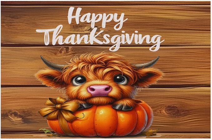 Thanksgiving Pumpkin Highland Cow Placemats Set of 1 PVC Vinyl Non Slip Table Mats Heat Resistant Place Mats Washable Wipeable Dining Table Mat for Kitchen Decor Party Indoor Outdoor Decorative Gift