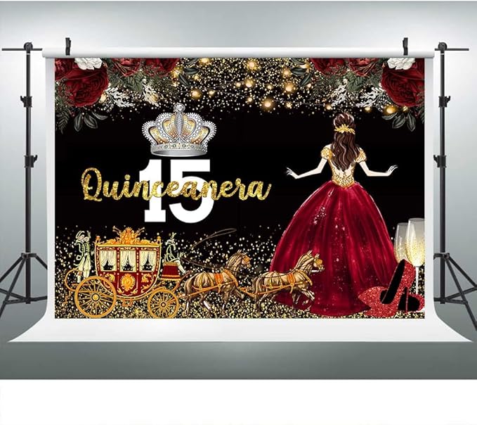 Red Dress Rose Flower Backdrops Quinceanera Birthday Backdrop for Girl Princess Happy 15th Bday Carriage Photography Props Cake Table Banner 10x7FT BJLSLU310