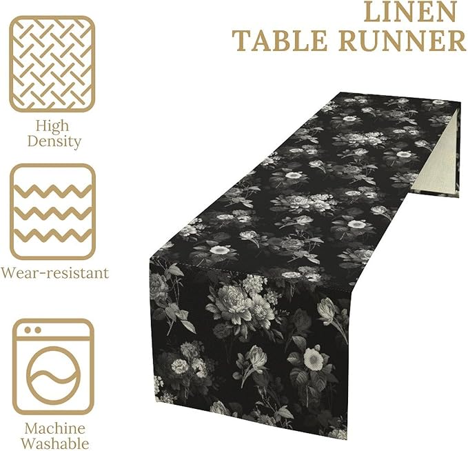 Vintage Botanical Table Runner, Abstract Watercolor Black White Gothic Flower Leaves Plants Print Table Runner for Seasonal Home Decoration Indoor Outdoor Party Decor, 13x60inch