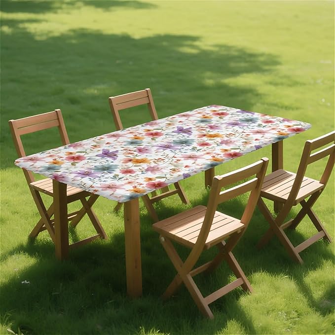 Rectangle Table Cloth Cover Waterproof Elastic Fitted Polyester Fitted Tablecloths for 6 Foot Tables for Indoor,Picnic, Camping, Outdoor （72" x 30"，Flower）