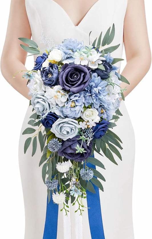 Serwalin 9.8 Inch Wedding Bouquets for Bride Bridesmaid, Dusty Blue Bridal Bouquets for Bride, Wedding Flowers Bouquet Tossing Bouquet, Wedding Ceremony and Anniversary Decoration