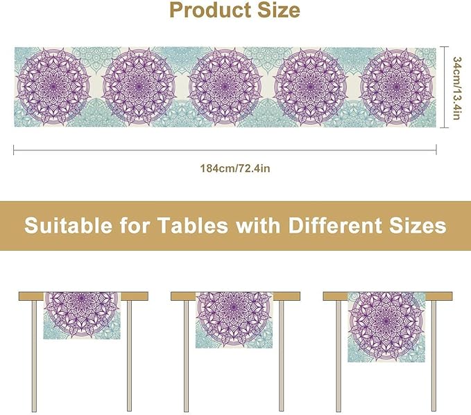 Boho Mandala Table Runner, Purple Blue Bohemian Floral Table Decor Runner for Kitchen Dining Indoor Outdoor Party Decoration, 13x60 Inch
