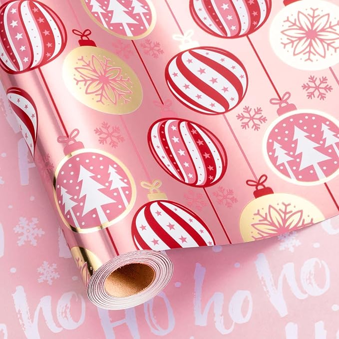 MAYPLUSS Christmas Wrapping Paper Roll - 17 Inch X 33 Feet - Pink Christmas Bell Tree Snowflake Star Reversible HO Gift Wrapping Paper, Thick Wrap Paper for Holiday Party New Year Kids