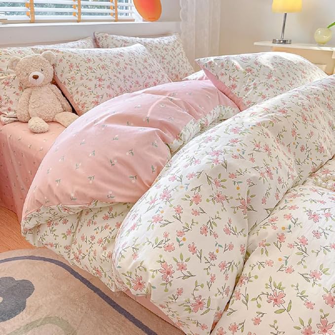 Pink Floral Duvet Cover Full Size 100% Cotton Chic Flower Botanical Duvet Cover Garden Style Girls Floral Comforter Cover with Zipper Closure Vintage Floral Cottagecore Bedding Set with 2 Pillowcases