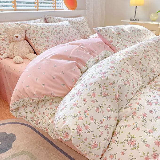 Vintage Style Pink Floral Duvet Cover Queen Cotton Garden Flower Comforter Cover Girls Cute Floral Bedding Set Chic Botanical Comforter Cover with 2 Pillowcases White Floral Duvet Cover with Zipper