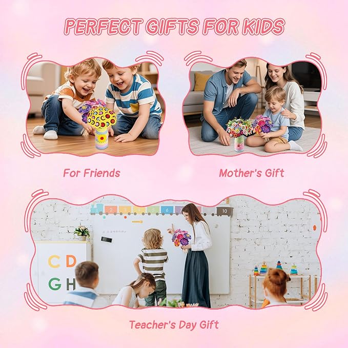 Mostop DIY Flower Crafts Kit for Kids Ages 6-10, DIY Flower Bouquet Craft Kit with Buttons, Felt Flowers and 2 Vase, Poke in Arts and Crafts Birthday Gift for Gilrs Age 6-8 8-10, Flower Making Kit