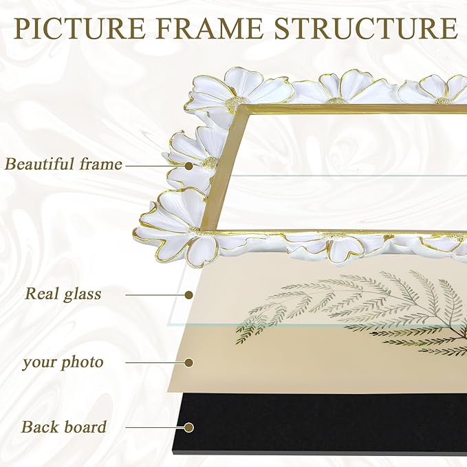 5x7 Vintage Flower Picture Frame, Ornate Antique Photo Frame with Glass Front, Elegant Picture Frame for for Wall or Tabletop Display, Gift ldeas for Home Decor (White Gold)