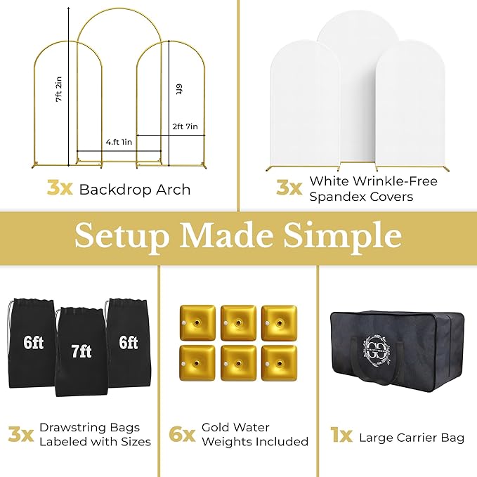 Metal Arch Backdrop Stand and Cover Set – 3 Gold Frames (7.2ft, 6ft x2) with White Wrinkle-Free Spandex Covers, Water Weights, Bags & Case – Wedding, Birthday, Baby Shower, Party Decor