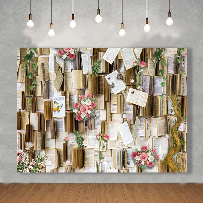 8x6ft Book Photo Backdrop Fairy Tale Books Background Pink Flowers Party Decor Background Girls Party Decorations Kids Newborn Birthday Baby Shower Photo Studio Props KUBDJ728