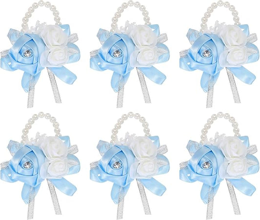 MECCANIXITY 6Pcs Wrist Corsage Artificial Flower Bracelets Rose Wrist Bride Groom Decorative for Wedding Ceremony Prom Party Anniversary Sky Blue