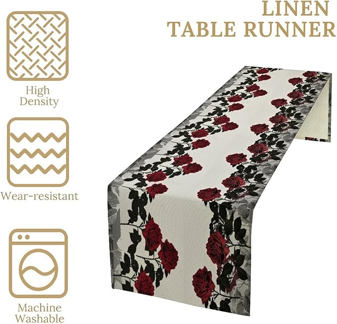 Red Rose Print Table Runner, Romantic Vintage Rose Summer Dark Flower Dinner Runner Table Decoration for Home Kitchen Dining Holiday Wedding Party 13x60in