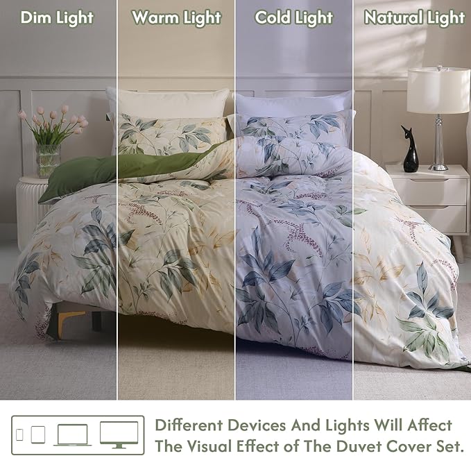 LONAVA Queen Botaincal 3 Pcs Duvet Cover Set, Breathable Soft Microfiber Forest Green Lining Comforter Cover with Zipper Closure, and 2 Anti-Pilling, Fade Resistant Pillowcases, Lavender