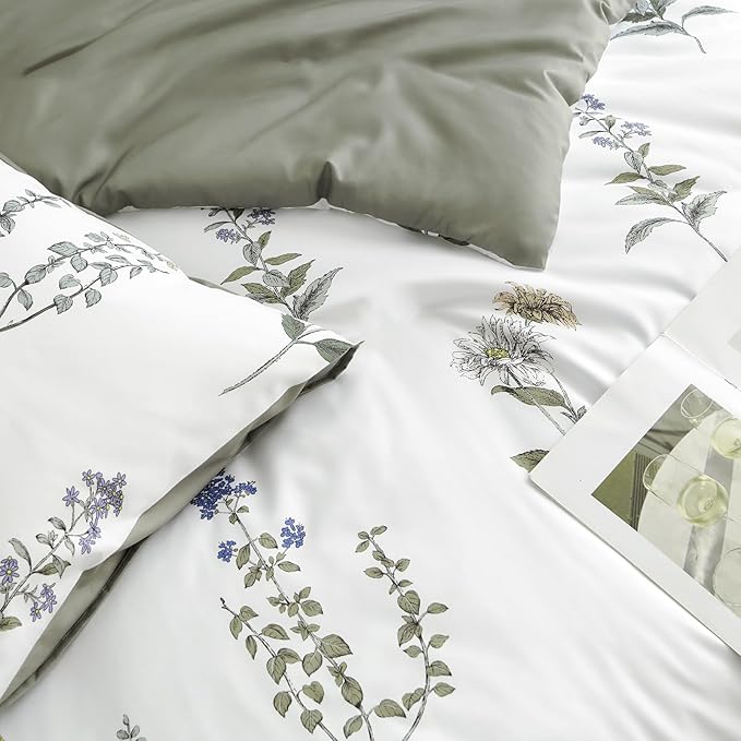 Nayoroom Floral Duvet Cover Queen Size White Green Botanical Flower Cottagecore Bedding Set 3 Pieces Soft Lightweight Reversible Aesthetic Duvet Cover with Zipper Closure
