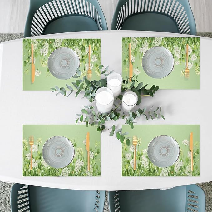 PVC Placemats Set of 1 Sage Green Flower Wipeable Table Mats Washable Heat Resistant Non Slip Vinyl Dining Table Mat for Kithen Indoor Outdoor Patio Farmhouse Place Mats Decorative