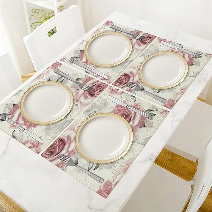 Rose Placemats Set of 6, 17x12 Inch Vintage Romantic Floral Pink Rose Gray Leaf White Table Mats for Home Party Kitchen Dining Decor
