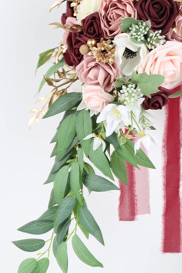 9 Inch Artificial Wedding Bouquets for Bride Bridal Bouquet Bridesmaid Bouquet Tossing Bouquet for Wedding Ceremony Anniversary Bridal Shower(Marsala & Blush)