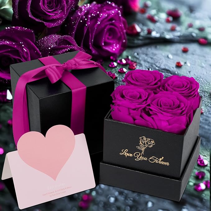 4 Preserved Flower, Fresh Flower Forever Roses in Square Shape Box, Immortal Roses Gift for Her Eternal Roses, 100% Real Roses, Birthday Gifts for Women, Wife, Her, Mom, Purple