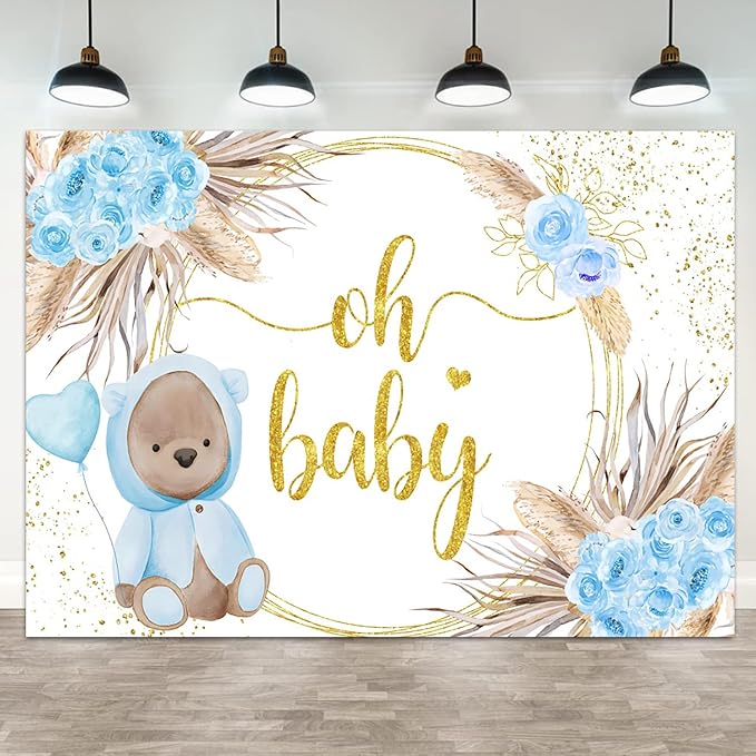 12x8ft Baby Shower Backdrop Oh Baby Photography Background Bear Blue Flowers Boho Leaves Heart Balloon Gold Dots Kid Birthday Party Banner Decorations Newborn Gender Reveal Photo Booth Prop