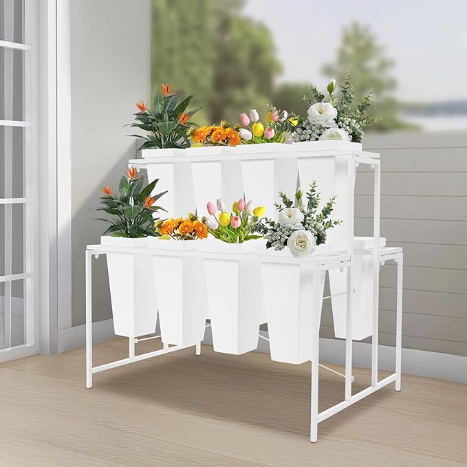 Flower Display Stand with 12 Pcs Buckets 3 Layers Metal Plant Stand Plant Cart Shelf Flower Bucket Rack Stand for Indoor Florist Garden Patio (White Stand-White Square Buckets)