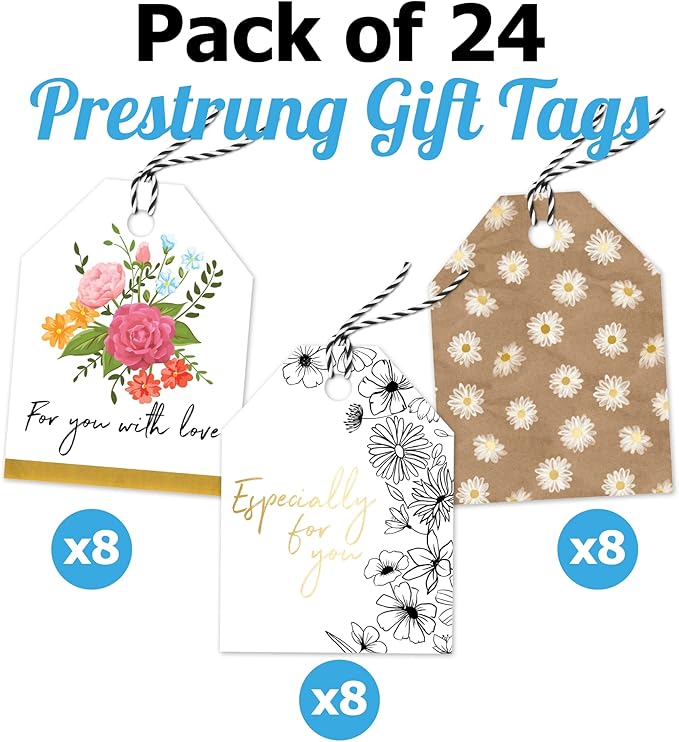 Pro Supply Global Spring Floral Theme Gift Tags - 2.5x3 Inch 24 Pack with 3 Design Styles Assorted Cardstock Prints Pre-Strung Hanging Labels Suitable for Wrapping Favors DIY Presents & Packaging Bags