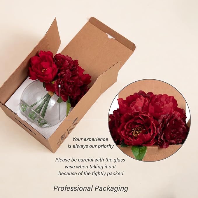 WELL KNOWN Artificial Flowers in Vase, Silk Peonies Flowers for Vase with Faux Water, Fake Flower Arrangements for Thanksgiving Fall Winter Coffee Dinning Table Centerpieces Decor (Burgundy Red)