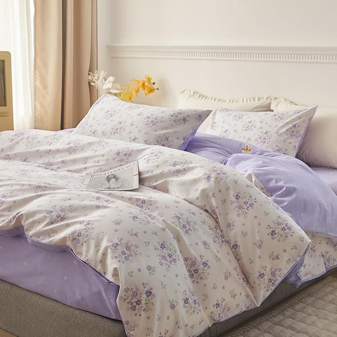 LifeTB Purple Floral Comforter Set Twin XL Fluffy Soft Microfiber Girls Garden Floral Bedding Comforter Botanical Flowers Comforter with 2 Pillowcases Vintage Aesthetic Bedding Twin XL Comforter Set