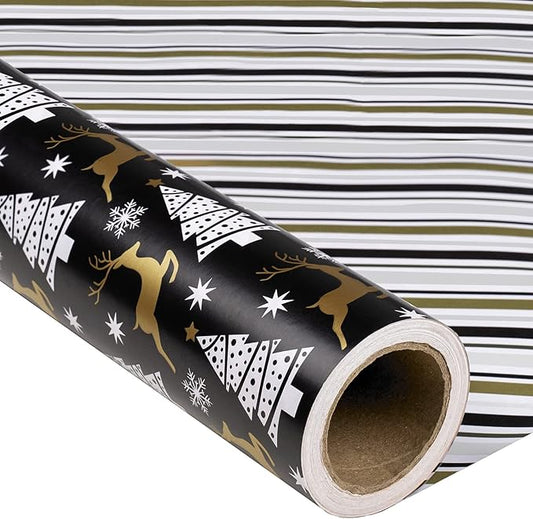 MAYPLUSS Christmas Reversible Wrapping Paper - Mini Roll - 17 Inch X 32.8 Feet- Black Gold Reindeer Design (47.3 sq.ft.ttl)