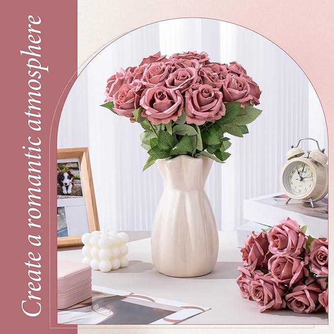 Hotop 40 Pcs Rose Artificial Flowers Bulk with Long Stem,Realistic Silk Fake Roses Bouquet for Home Wedding Centerpieces Party Table Decoration Valentines Gifts(Dusty)