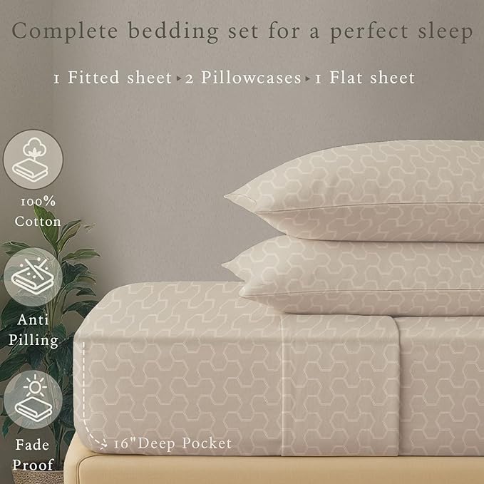 Threadmill Cotton Full Size Sheet Set | 500 Thread Count 100% Cotton Sheets for Full Size Bed | Damask Jacquard Full Bed Sheets Set 16” Deep Pocket | Soft Sateen 4-Piece Cooling Bedding Set | Beige