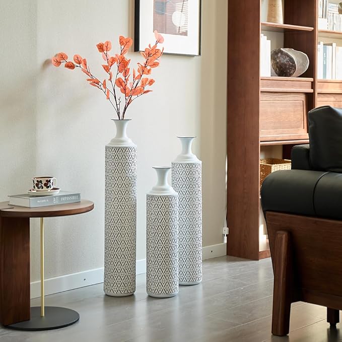Floor Oversized Gold Metal Decorative Vase with 3D Triangle Pattern Set of 3 Large Vases for Home Living Room 33.5 ", 29.5 ", 25.2" High (White+Black)
