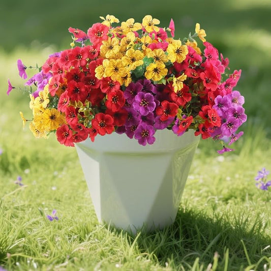 12 Bundles Artificial Flowers for Outdoor, UV Resistant Faux Mums with Eucalyptus Leaves Fake Plants for Outdoor Planters Greenery Boxwood Porch Patio Decoration