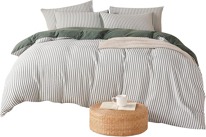 Duvet Cover Set Queen Striped Washed Microfiber Jacquard 3 Pieces Bedding Set, Green White Vertical Ticking Stripes Pattern Comforter Cover with Zipper Closure Breathable Durable Soft Comfy