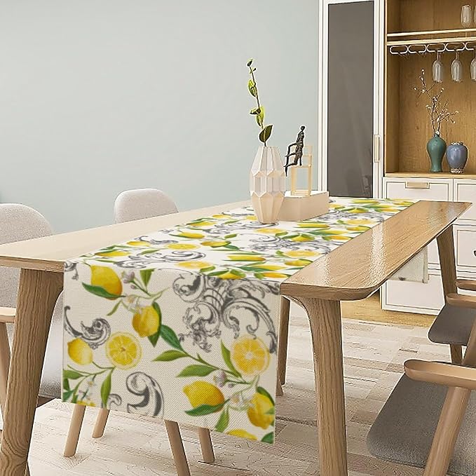 Lemon Table Runner , Summer Yellow Fruits Green Leaves Kitchen Dinning Table Decoration for Indoor Outdoor Home Party Decor 13"x60"