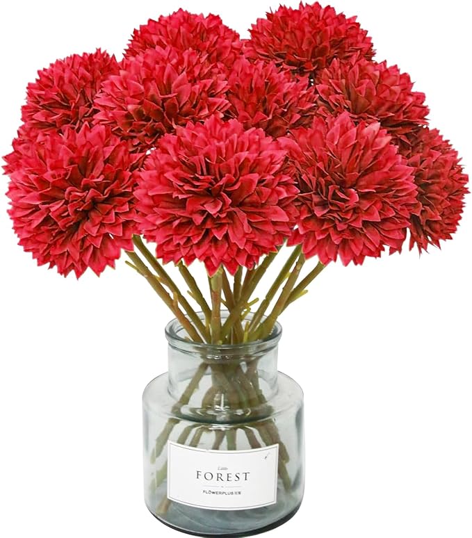 Tinsow 12Pcs Artificial Chrysanthemum Faux Red Ball Flowers Burgundy Fall Flowers for Christmas Autumn Farmhouse Home Decoration (12, Red)