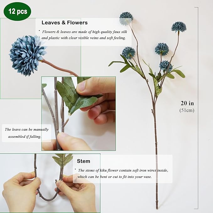 12 Stems Faux Kiku Flower Faux Silk Mini Chrysanth with Stems Bulk Fake Wedding Filler Flowers Pompon Mum Artificial Dusty Blue Flowers Ball for Floral Arrangements