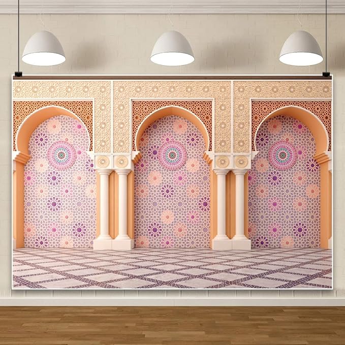 Yeele 15x10ft Bohemia Palace Backdrop Boho Style Pink Floral Wall Plaid Floor Dreamy Villa Inside Photography Background for Wedding Bridal Shower Girl Birthday Party Decor Portrait Photo Shoot Prop