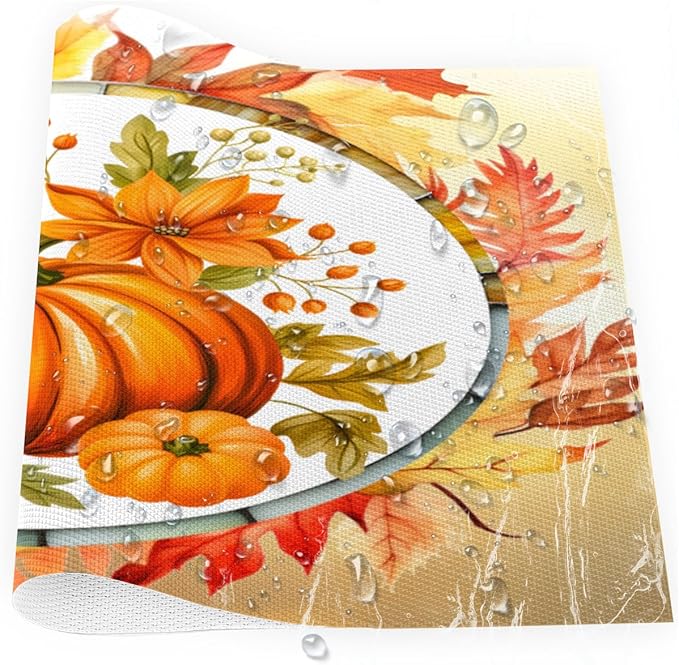 Fall Autumn Flower Pumpkin Placemats Set of 1 PVC Vinyl Non Slip Table Mats Heat Resistant Place Mats Washable Wipeable Dining Table Mat for Kitchen Decor Party Indoor Outdoor Decorative Gift