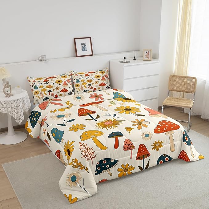 Castle Fairy Retro Mushroom Flowers Bedding Comforters Queen Size,70s 60s Groovy Comforter Set with 2 Pillowcases,Vintage Boho Plant Floral 3pcs Children Adult Duvet Set,Soft