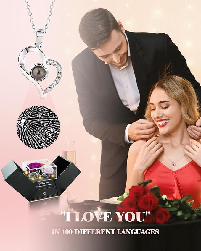 Birthday Gifts for Women, Preserved Real Roses with Heart Necklace I Love You in 100 Languages, Anniversary Wedding Gifts for Women Her Girlfriend Wife, 2 Forever Roses Necklace Gift Box Purple