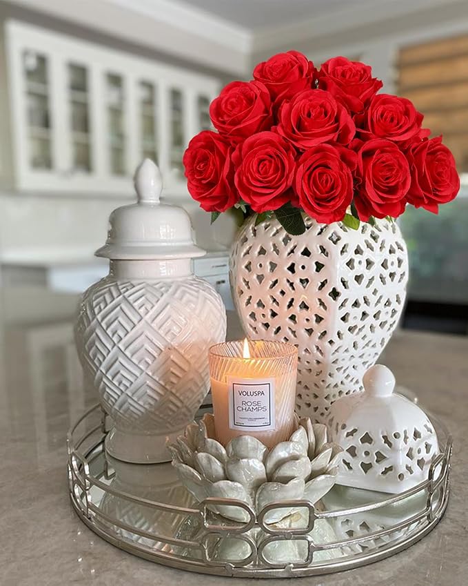 LFF 10pcs Silk Rose Flowers Long Stem Artificial Rose Flower for Home Wedding Party Decor (Red)