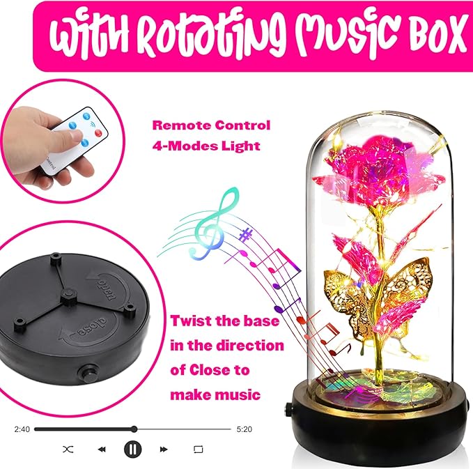 Birthday Rose Flower Gifts for Women, Glass Flower Gift for Mom from Daughter Son, Pink Light Up Rose in Glass Dome with Music Box for Her Wife Grandma
