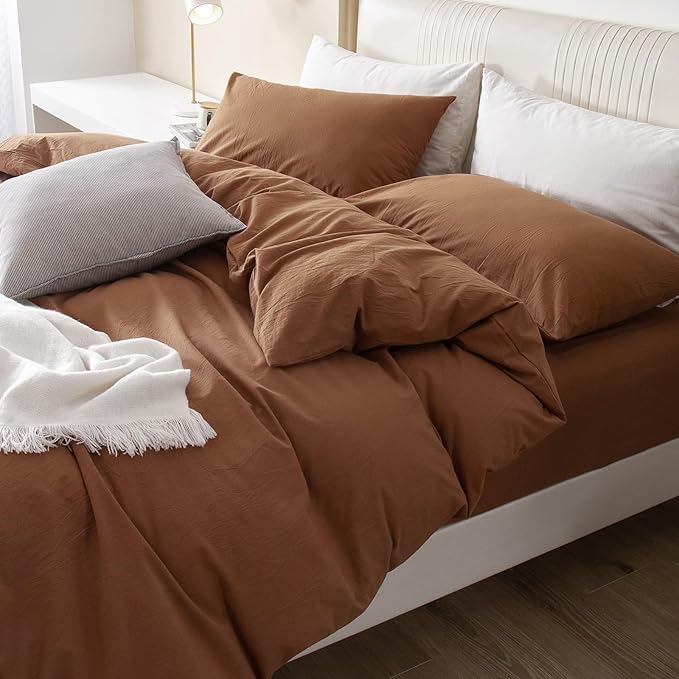 JIYUAN 100% Washed Cotton Duvet Cover Set 3 Pieces Super King, 1 Duvet Cover 108x98 Inches(Comforter Not Included) and 2 Pillowcases,Linen Feel Bedding Set Comfy and Breathable,Burnt Orange
