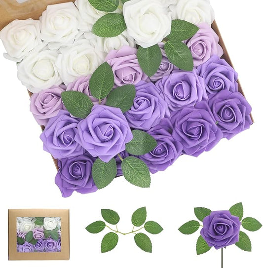 Artificial Flowers 100PCS Purple Roses Real Looking Lilac Foam Fake Roses with Leaves and for DIY Wedding Bouquets Bridal Shower Centerpieces Party Decorations (Purple Series, 100)