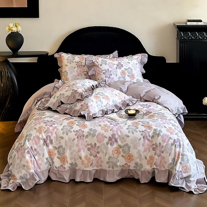 HighBuy Floral Ruffle Duvet Cover Twin Size,Brushed Cotton Soft Coquette Ruffle Flower Bedding Duvet Cover Set,Blush Floral Shabby Chic Farmhouse Duvet Cover and Pillow Shams,Purple - Twin
