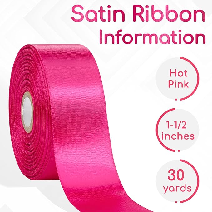 30 Yards Hot Pink Ribbon 1-1/2 Inch, Hot Pink Satin Ribbon for Flower Bouquet Accessories, Gift Wrapping, Crafts, Hair, Christmas, Wedding and Bow Making