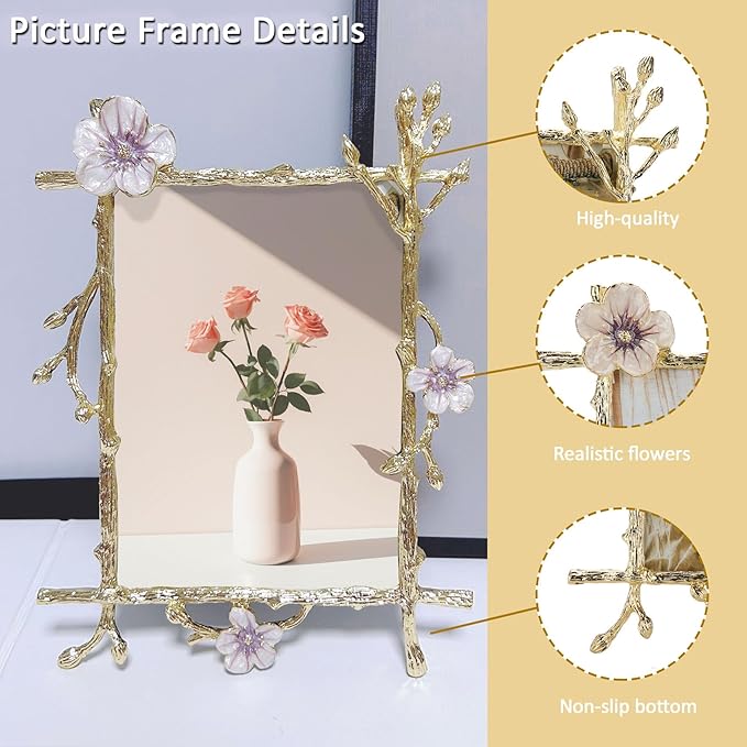 4x6 Gold Picture Frame Decor Ornate Pink Floral Metal Photo Frames with High Definition Glass Front, Art Decor Tabletop Display, Gifts Ideas for Women on Anniversary Christmas