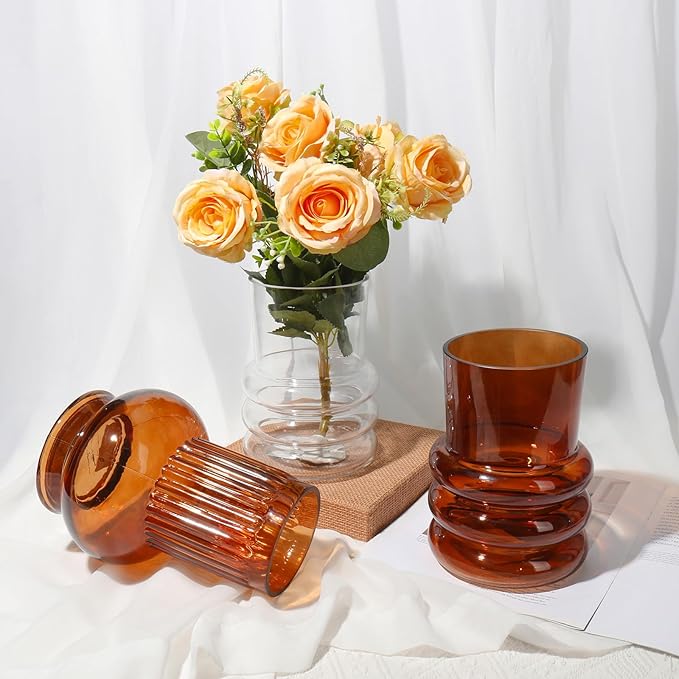 Brown Ribbed Glass Vase, 7" x 3.5" Thickened Modern Flower Fluted Vase Hydroponic Ornament Arrangement for Home Living Room Wedding Centerpieces Office Table Decor