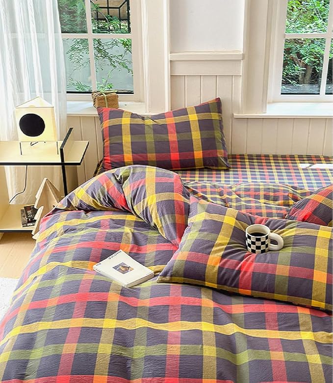 Multicolor Plaid Queen Size Comforter Set Modern Style Checkered Pattern Comforter Buffalo Grid Plaid Gingham Bedding Comforter Set for All Seasons Farmhouse Grid Bed Comforter with 2 Pillowcases