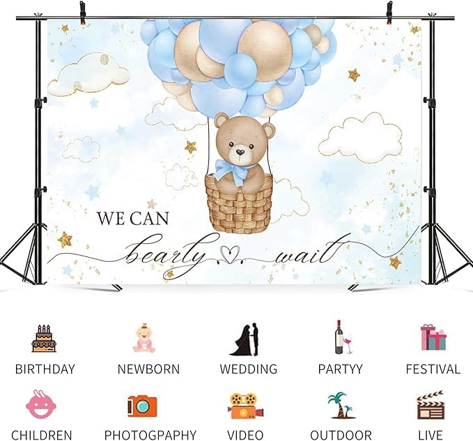 12x8ft Baby Shower Backdrop Bear Hot Air Balloon Photography Background Blue Brown Balloons White Cloud Glitter Gold Stars Birthday Party Banner Decorations Newborn Parties Photo Booth Prop